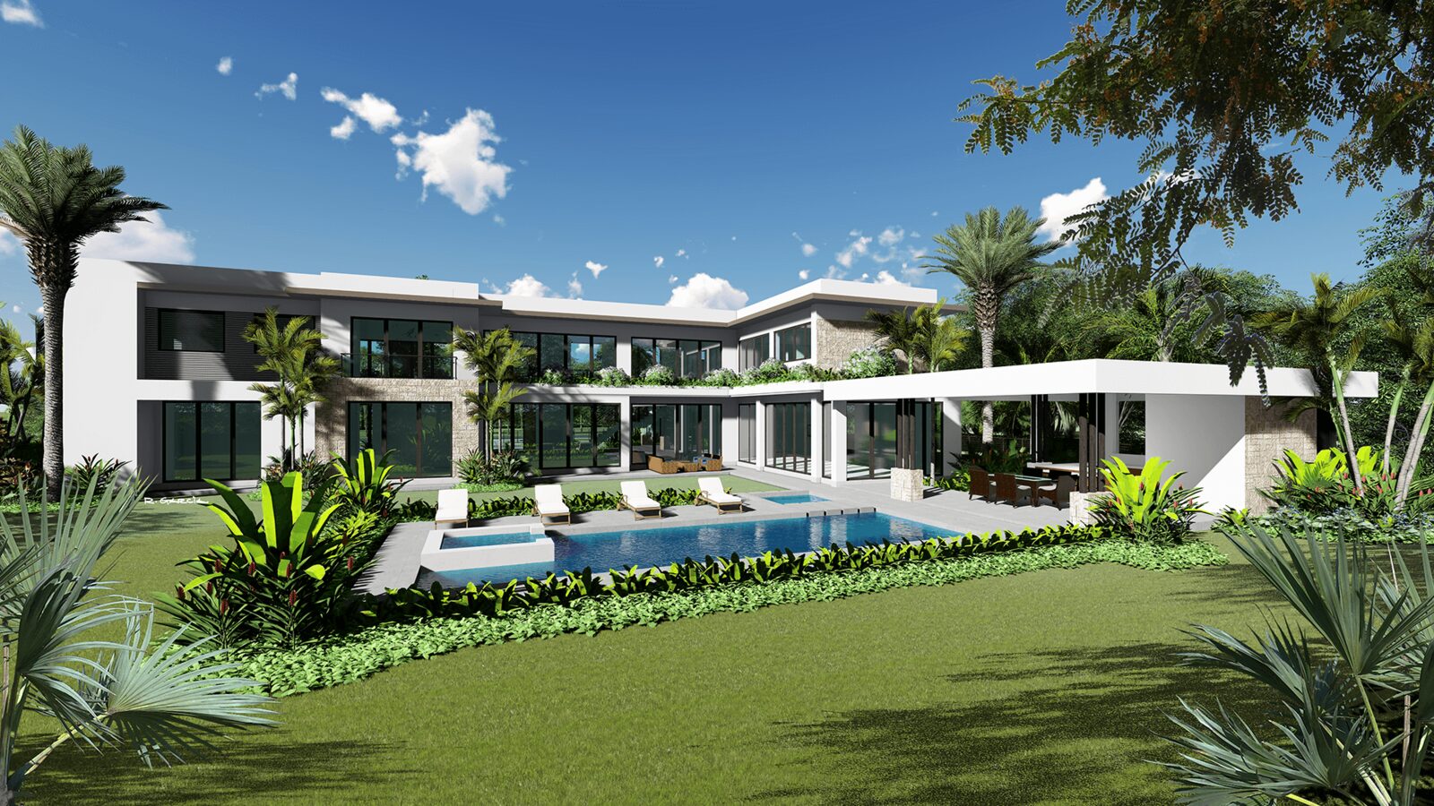 Pool and rear lawn along the southern exposure