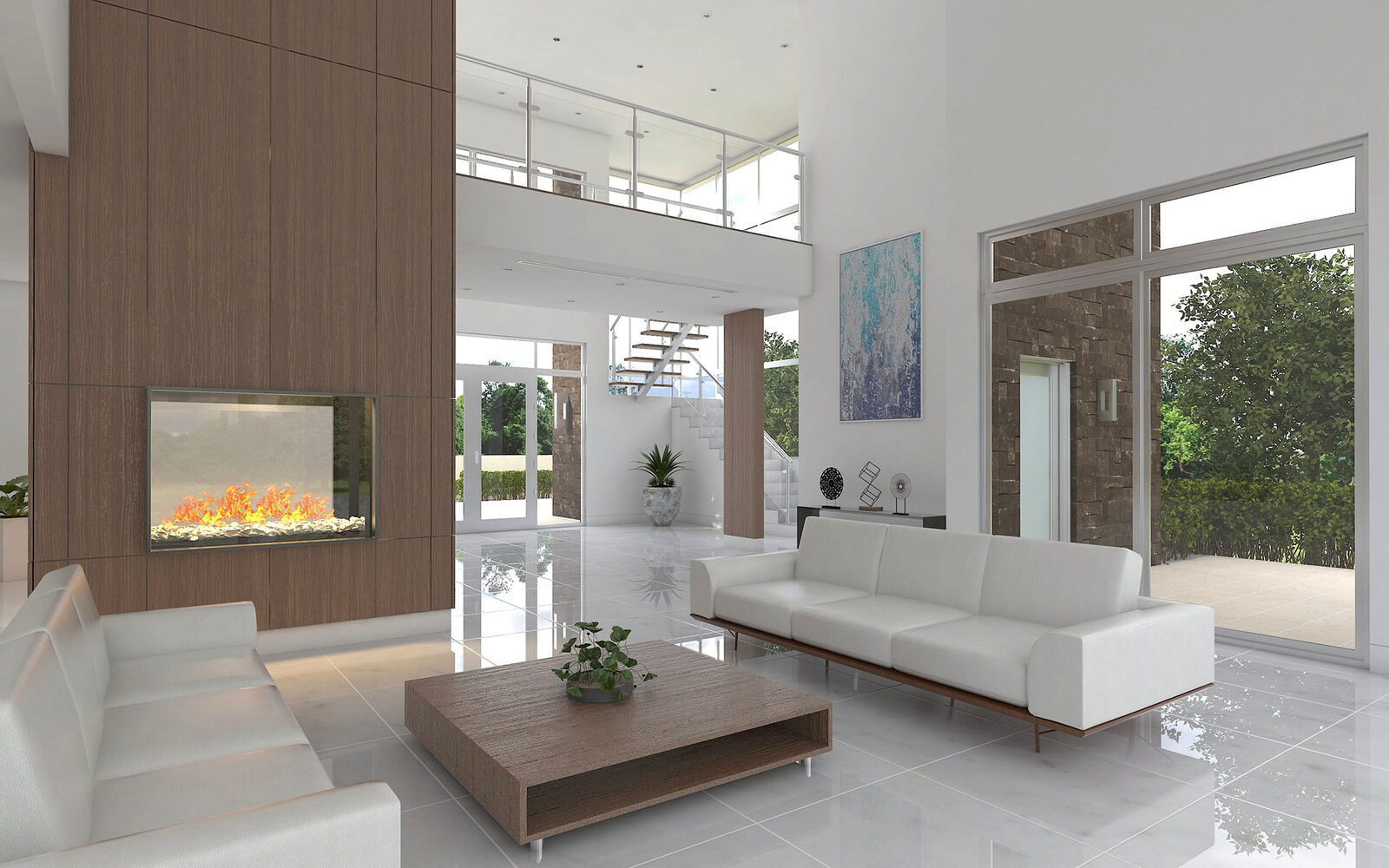 Double-height lounge with see-through fireplace